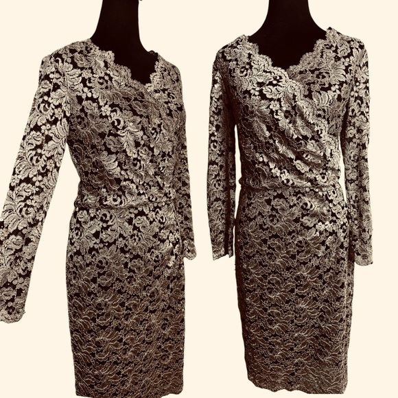 Brand: Jessica Howard, lace dress, gold color, size: 8 - Picture 1 of 12